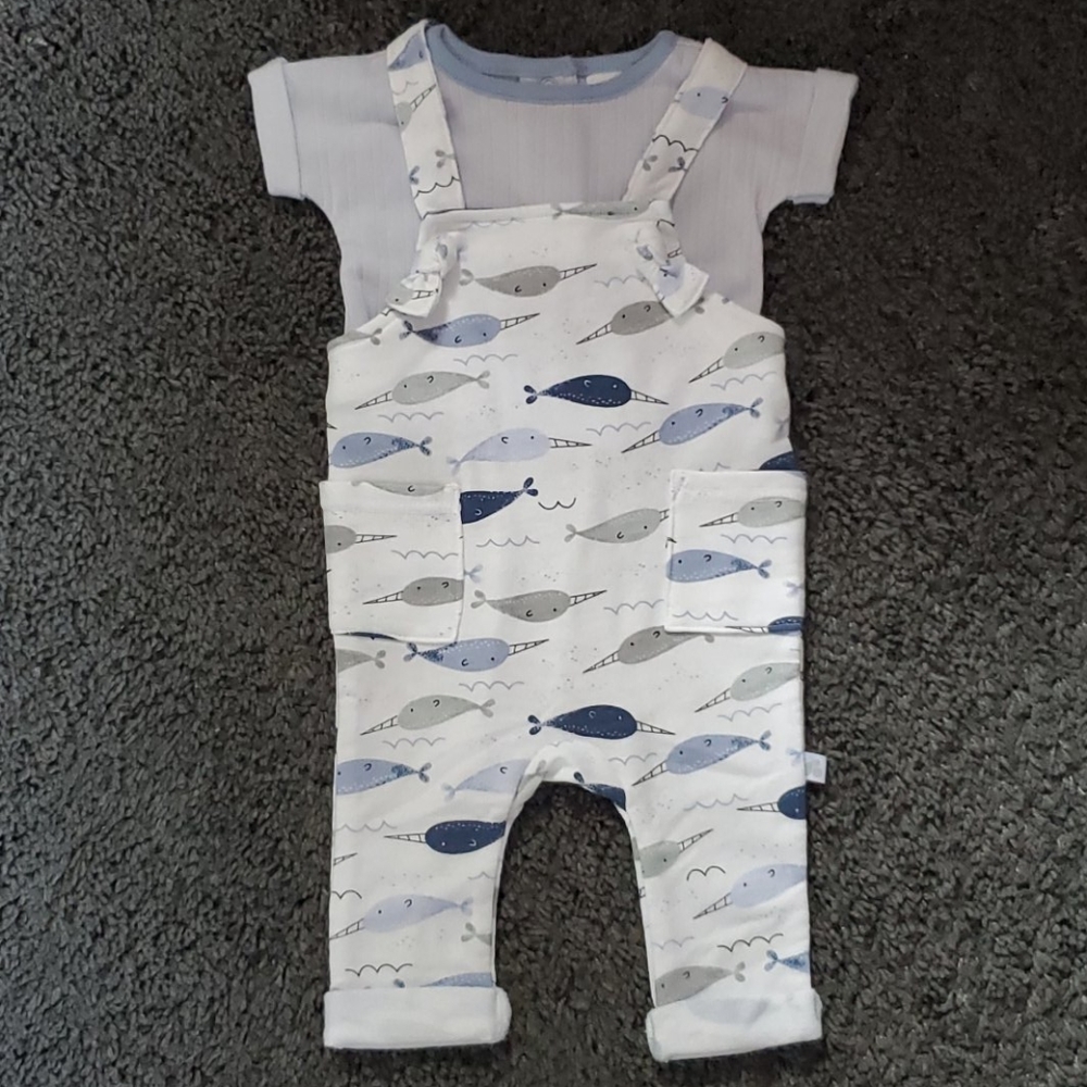 Just Born Overall Set White and Blue Newborn